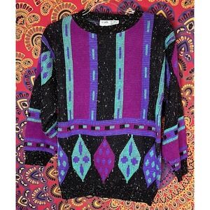 Vintage GAS Sweater 1989 Retro Wool Black Purple Medium PTP 22in Length 25in